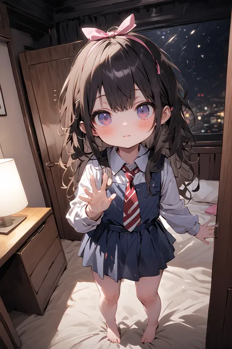 (One personの少女)、One person、Solo Photo、uniform、Barefoot、dark haired、long hair、stupid hair、ribbon on head、(Primary school student 1.2)、with a young face、(child)、Sleepy face、full body image、face up with ties、highlight face 、raise your hand upward、Legs、Night v...