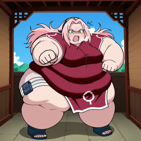 score_9, score_8_up, score_7_up, score_6_up, score_5_up, score_4_up, BREAK, source_anime,
1girl, haruno sakura, pink hair, long hair, green eyes, red qipao, angry, full body shot,
IncrsPunchMeme, incoming punch, blue sky, meadowm fat, chubby, obese, gigant...