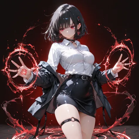 ((best quality)), ((masterpieces)), (detailed), perfect face, SOLO, ((1 girl)), ANIME, beautiful detailed eyes, BOB hair, BOBed hair, black hair, RED EYES, BARE thighs, (((BARE LEG))), ((black tight-fitting Mini office skirt)), (((dress shirt))), ((Medium ...