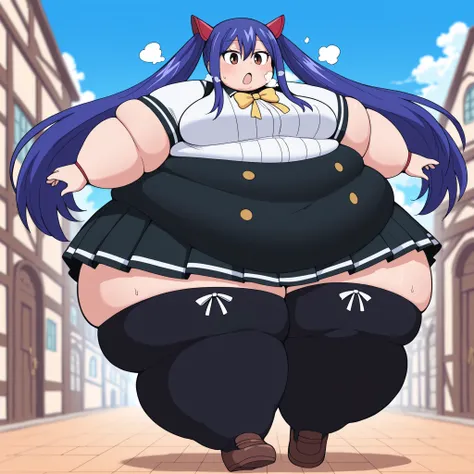 score_9, score_8_up, score_7_up, source_anime,  wendy marvell, long hair, hair ornament, ribbon, hair between eyes, twintails, brown eyes, very long hair, blue hair,, skirt, thighhighs, bow, ribbon, pleated skirt, black thighhighs, bowtie, black skirt, zet...