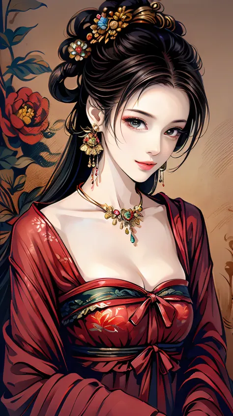 👧💋💋💖😊 Free painting style full of harmony, perfect face, Smile Yan, perfect style, Well-shaped medium chest, cleavage, earrings, necklace, Old-fashioned beauty painting symbolizing China, perfect art, Perfect drawing composition, Open the top slightly, pla...