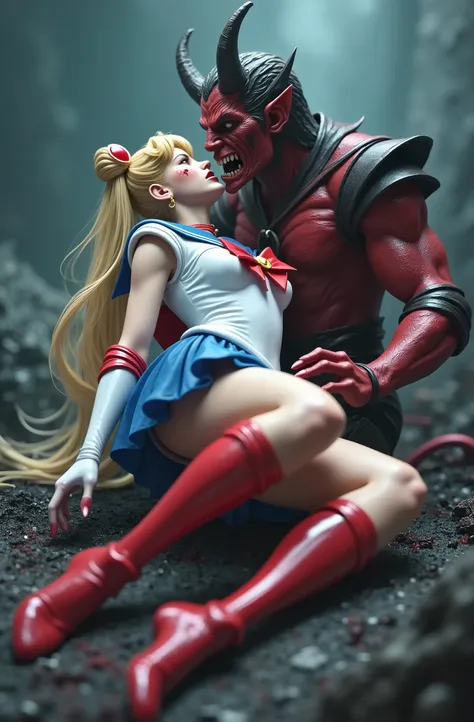 Sailor Moon is defeated from fighting with a devil, she is wearing a Sailor Moon costume, Blue sailor collar, Blue short mini pleated skirt, she is wearing a very short blue mini pleated skirt, white panties, Long white gloves, shiny beige color pantyhose,...