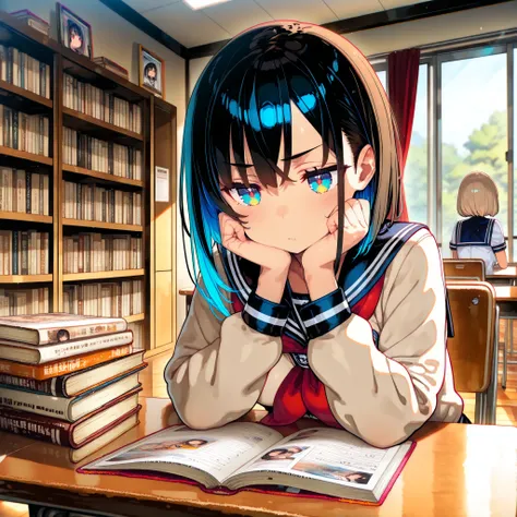 overview: Detailed explanation: |
ダークブラウンの長髪を持つ女子学生が木製のperson with elbow on desk、An illustration of a female student in uniform looking at a book that is open forward while supporting her chin with both hands。
tall bookshelves are lined up behind、The r...