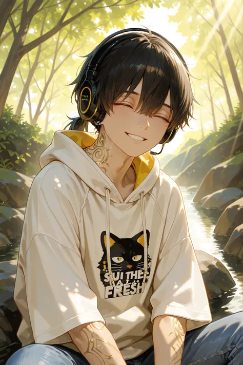 ,1boy,High quality dark-haired man, with a black ponytail,Ear-pierced,has fair skin,Noble Master 。Wear a short-sleeved hoodie and jeans,Solo solo,immersing in the music,have black Sony headphones on your ears,Close your eyes and smile,gentle,Be in the natu...