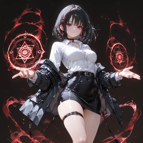 ((best quality)), ((masterpieces)), (detailed), perfect face, SOLO, ((1 girl)), ANIME, beautiful detailed eyes, BOB hair, BOBed hair, black hair, RED EYES, BARE thighs, (((BARE LEG))), ((black tight-fitting Mini office skirt)), (((dress shirt))), ((Medium ...