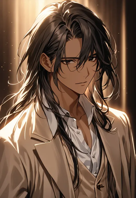 Handsome young man, athletic body, medium long hair, shoulder length hair, black hair, black eyes, tanned skin, dark skin, wearing casual yet elegant clothing. He has a stylish beige jacket with white shirt underneath . The background is softly blurred, em...