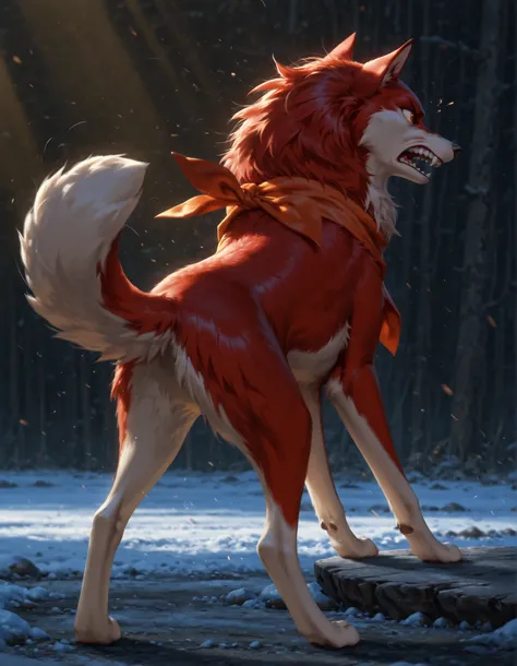 best quality, amazing quality, detailed, absurdres, photorealistic background, no lineart, very aesthetic, dynamic lighting, detailed face, detailed fur, detailed background, canid, canine, mammal, angry, brown body, feral, fur, lowered tail, female, 1girl...