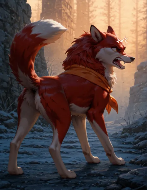 best quality, amazing quality, detailed, absurdres, photorealistic background, no lineart, very aesthetic, dynamic lighting, detailed face, detailed fur, detailed background, canid, canine, mammal, angry, brown body, feral, fur, lowered tail, female, 1girl...