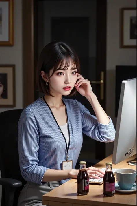 ((looking away)), Late Night Office, Nobody's Room, ((Silence while looking at the computer々Working with )), 1 female employee, is dark and only has computer lights,blue and white striped shirt, slacks, ID card around the neck , coffee cups and empty bottl...