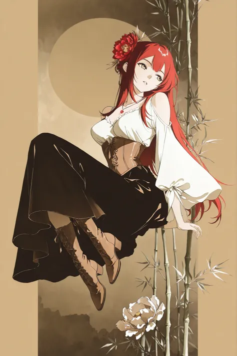nikki (series), ArsMJStyle, Zen Ink Wash Sumi-e,  1 girl ,golden eyes , very long hair , long sidelocks, red hair ,half updo, petite , very cute , beautiful ,Straight hair, cool, handsome, hair ween eyes, , mediumlarge breast, cool, beautiful, hair flower,...