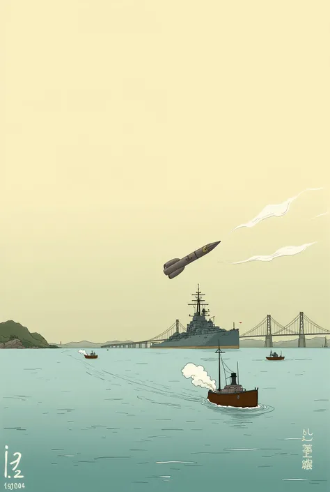 Detailed illustrated cartoon scene、 Japanese Ukiyo-e , may indicate an imaginary place or place name. Boat, A chimney emitting white smoke is depicted in detail, what seems to be a torpedo is flying, emphasized with calm earth tones and sharp lines. This s...