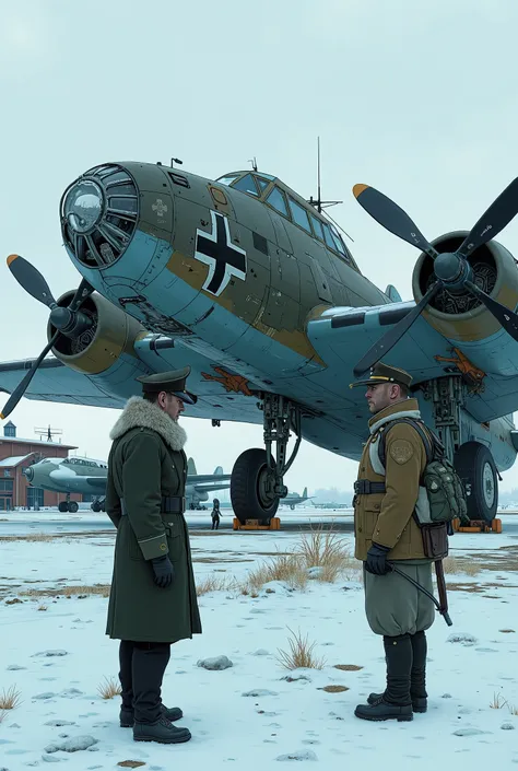 In a snowy airfield setting, a large, imposing aircraft stands with its nose and propellers prominently displayed. The plane, a historic German World War II fighter, features a blue-gray camouflaged paint job, complete with distinctive Luftwaffe insignia. ...