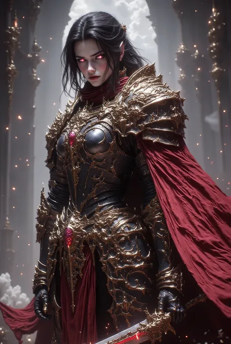 Warrior, Armor ,cartoon ,A Female warrior, wearing exotic armor, gold and black armor, sharp and glowing red line border at the ends of armor, wearing a red little worn-out muffler, holding a long sword, holding sword, no helmet on head, long open hair, bl...