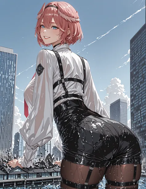 masterpiece, 最high quality, high quality,  
 Louis IL , luidef  , Headwings, short hair, Headband, puffy long sleeve, collared shirt, high-waist shorts, red necktie, Shoulder jacket, fingerless Butt under pants, Thigh Straps, pantyhose under shorts, legwea...