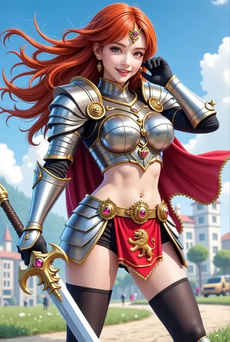 A fiery-haired knight lady, her crimson locks cascading over her sculpted metal armor. The intricate plating, gleaming under the fierce sun, is adorned with gold accents that highlight her valor. A crimson sash wraps around her waist, visible belly and emp...