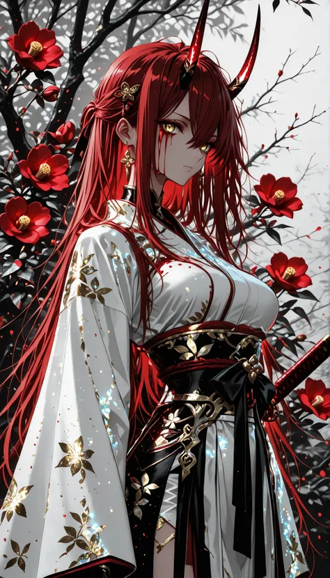 1 girl , golden eyes , very long hair , long sidelocks, red hair ,half updo, petite , very cute , beautiful ,Straight hair, cool, handsome, hair between eyes, sexy, medium breasts , blood tears, white kimono, sengoku period, white warrior, white armor, sh...
