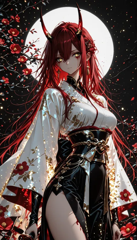 1 girl , golden eyes , very long hair , long sidelocks, red hair ,half updo, petite , very cute , beautiful ,Straight hair, cool, handsome, hair between eyes, sexy, medium breasts , blood tears, white kimono, sengoku period, white warrior, white armor, sh...