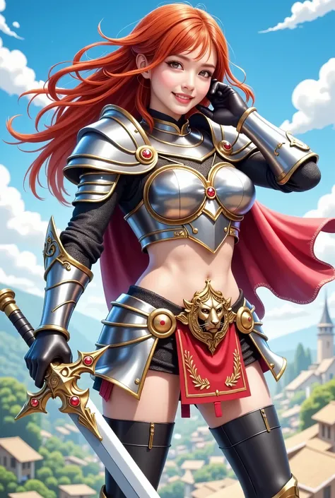 A fiery-haired knight lady, her crimson locks cascading over her sculpted metal armor. The intricate plating, gleaming under the fierce sun, is adorned with gold accents that highlight her valor. A crimson sash wraps around her waist, visible belly and emp...
