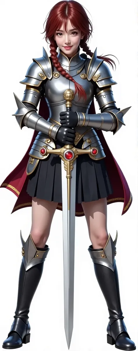 A fiery-haired knight lady, her crimson locks cascading over her sculpted metal armor. The intricate plating, gleaming under the fierce sun, is adorned with gold accents that highlight her valor. A crimson sash wraps around her waist, visible belly and emp...