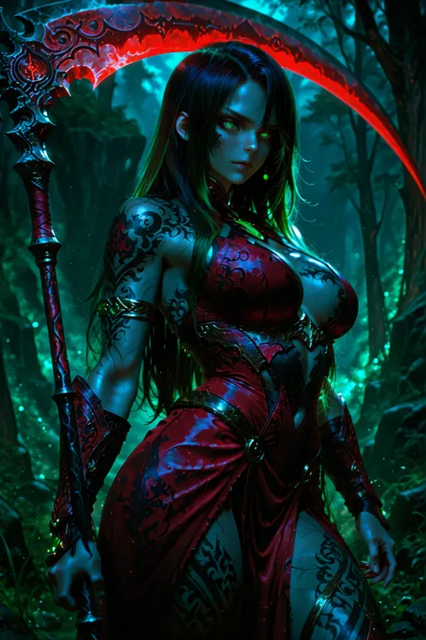 Amazon warrior girl, armed with a huge red and blue scythe, Realistic, detailed, high definition, 8K, фотоRealistic, professional, bright rich colors, dramatic lighting, mysterious fantasy landscape, dark ominous atmosphere, deep sharpness, blurred backgro...