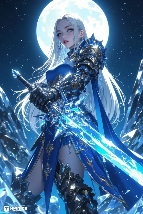 Blue Armorと剣を身に着けた洗練されたひとりの女性,( 非常に詳細なFANTASY ART ), FANTASY ART , gothic art,Maxi Kit, full body, wide shot,BREAK、 Blonde with sparkling highlights , Very Long Hair,detailed faces with ofisu，  charming big blue eyes  ，Shining beautiful eyes ，Beautiful ski...