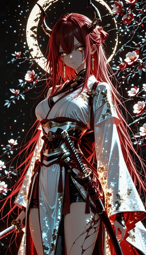 1 girl , golden eyes , very long hair , long sidelocks, red hair ,half updo, petite , very cute , beautiful ,Straight hair, cool, handsome, hair between eyes, sexy, medium breasts , blood tears, white kimono, sengoku period, white warrior, white armor, sh...