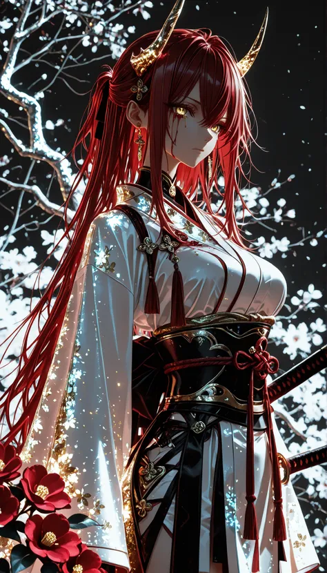 1 girl , golden eyes , very long hair , long sidelocks, red hair ,half updo, petite , very cute , beautiful ,Straight hair, cool, handsome, hair between eyes, sexy, medium breasts , blood tears, white kimono, sengoku period, white warrior, white armor, sh...