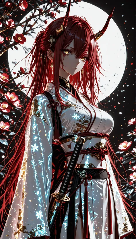 1 girl , golden eyes , very long hair , long sidelocks, red hair ,half updo, petite , very cute , beautiful ,Straight hair, cool, handsome, hair between eyes, sexy, medium breasts , blood tears, white kimono, sengoku period, white warrior, white armor, sh...