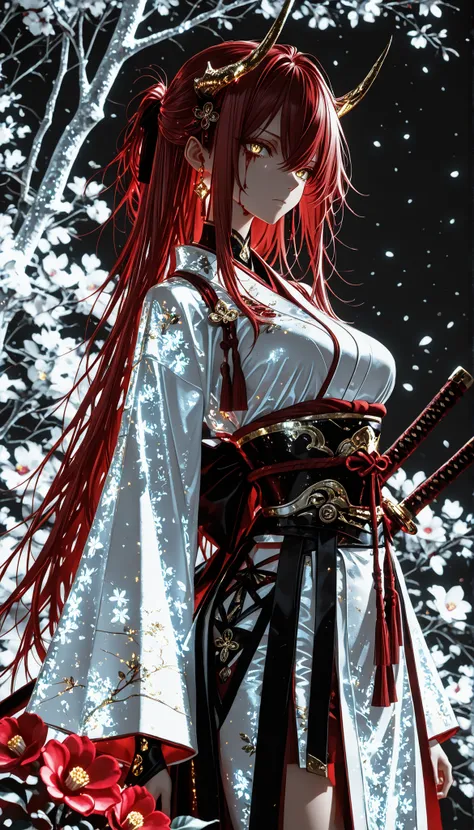 1 girl , golden eyes , very long hair , long sidelocks, red hair ,half updo, petite , very cute , beautiful ,Straight hair, cool, handsome, hair between eyes, sexy, medium breasts , blood tears, white kimono, sengoku period, white warrior, white armor, sh...