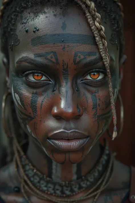 Quiet Anger,close up beautiful face,African woman with war makeup,heavy war makeup,War wounds,many scar,old wound,sense of tension,gaze,cinematic,dramatic lightng,Vignette Effect,simple background
