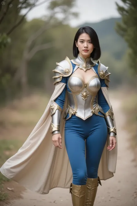 A woman dressed in a fantasy-inspired iron armor set stands prominently. slender skinny body. small breasts. small breast.  short hair. knight medieval iron armor with open small cleavage. . Her attire features a silver and gold breastplate with intricate ...