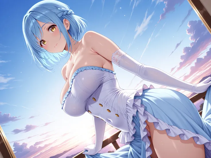 solo,masterpiece,top quality, great quality, hi-res, 非常にhigh resolution, very aesthetic, high resolution, ultra detail, Perfect Details,nijimoira,Big breasts,Yellow Eyes,blue hair,round face,Tareme,shorthair,French braid,white dress,long dress,frills,frill...