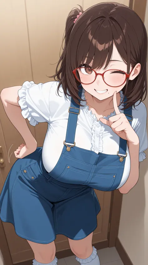 One person、overalls skirt、frill shirt、dark brown hair、side tail、Wear red-rimmed glasses 、big breasts、Parks、Saggy Eyes、A mole under the left eye、Place your right index finger next to your right cheek、wink、beautiful girl leaning forward、high angle、overlooked...