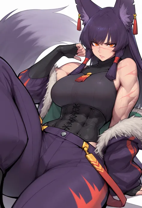 gorgeous kitsune girl, beautiful face, kitsune, hair of ash-purple color, hunter girl, orange eyes, red slit pupils, personalami style, volputrous body, giant breasts, curvy and athletic, fox ears, short hair, dark adventurer jacket, buggy pants, figure-fl...