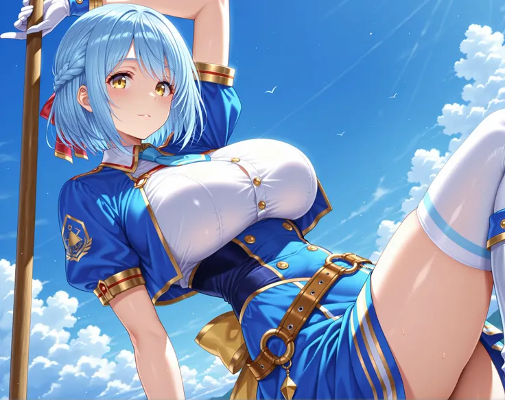 solo,masterpiece,best quality, amazing quality, highres, absurdres, very aesthetic, high resolution, ultra detailed, perfect details,nijimoira,huge breasts,yellow eyes,blue hair,round face,tareme,short hair,french braid, glorious azure,official alternate c...