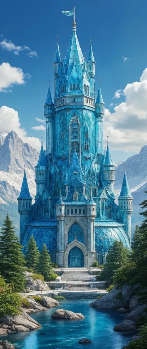 (highdefinition images:1.5)、Majestic Atmosphere,(huge, transparent blue glass castles that seem to reach the sky)masterpiece、top quality、antique glass castles leading to the city、Look Up、Blue Sky Flowing、(old European castles made of glass2The tower is bui...