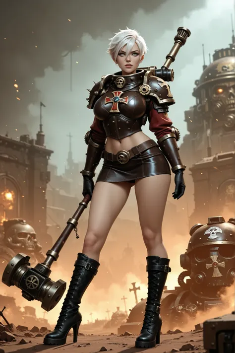 Warhammer 40k, Steampunk Style, wasteland doomsday background, a beautiful female, anatomically correct, high details, detailed face and eyes, large breast, (White short hair, hair between eyes), grey eyes, Wearing A black and red Steampunk Heavy Armor (Sh...