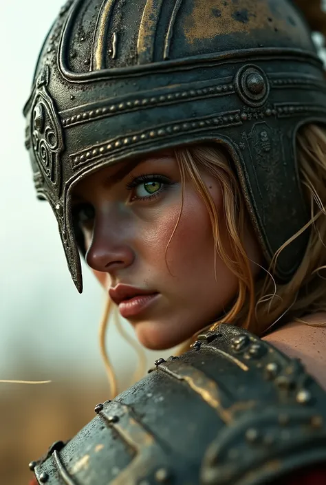 A masterpiece photorealistic macro image of the face of an epic female warrior. Close-up with high digital detail, ultra-realistic texture of weathered skin, clear lines, scars, dirt on the face, clear focus on the eyes, cinematic frame. She stares resolut...
