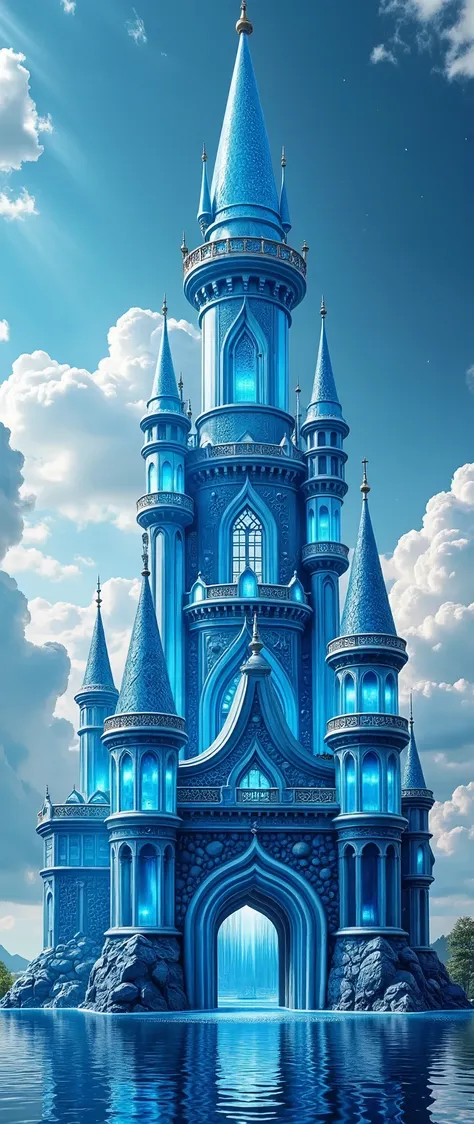 (highdefinition images:1.5)、Majestic Atmosphere,(huge, transparent blue glass castles that seem to reach the sky)masterpiece、top quality、antique glass castles leading to the city、Look Up、Blue Sky Flowing、(old European castles made of glass2The tower is bui...