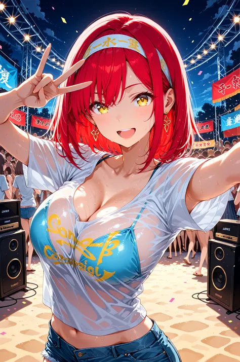 masterpiece, score_9_up, flat anime style, event, music festival, energetic atmosphere,
1girl, 20 years old, Japanese adult woman, solo, upper body shot, in a crowd,
an ecstatic and joyful Japanese facial features, a huge, unrestrained laugh, her eyes spar...
