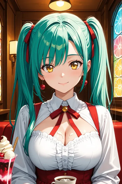 masterpiece, score_9_up, flat anime style, slice of life, nostalgic (Showa retro) atmosphere,
1girl, 20 years old, Japanese adult woman, solo, upper body shot, seated in a booth,
a cheerful and innocent Japanese facial features, a bright smile of pure deli...