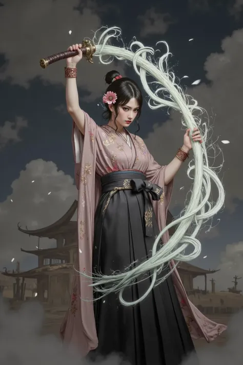 Woman Wearing a Hakama,Figure swinging down the whip of light,The trajectory of a whip cutting through the sky、A supple whip that extends from the handle held on the hand,Mysterious Appearance of a Swordsman,Fearless Female Warrior, Emergency Situation,Dark Fantasy,Earthy Smoke Wraps Around,Solemn expression , battle preparation ,Desolate Battlefield Scenery,Strong Force,Realistic Battlefield Scenes,4K high definition,Realistic Depictions,precise details,Professional Illustration,darker color palette,Heavy Atmosphere,Realistic Battlefield Scenes