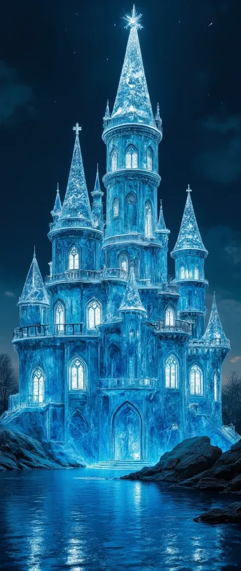 (highdefinition images:1.5)、Majestic Atmosphere,(huge, transparent blue glass castles that seem to reach the sky),masterpiece、top quality、ANTIQUE GLASS CASTLE、Look Up、Blue Sky Flowing、(An old European castle made of huge glass stands:1.5)、German glass cast...