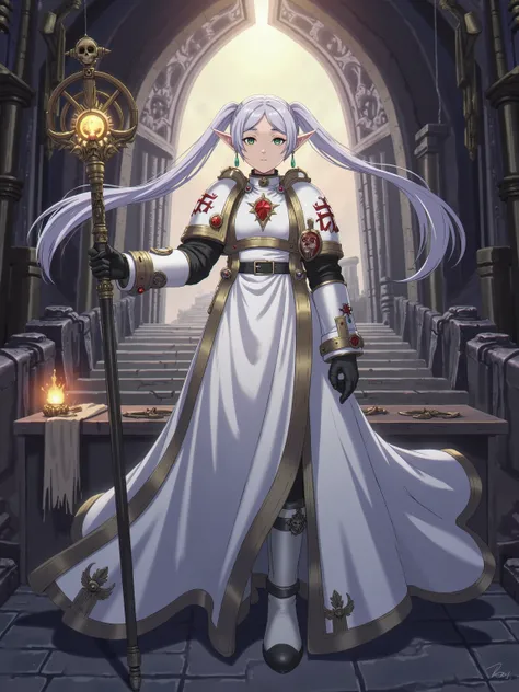 BlackT40k, 远景，全景，masterpiece, best quality, (2d japanese anime style), crisp line art, 1girl, solo, frieren, silver hair, long twin-tails, sharp elf ears, calm expression, emerald eyes, full body, wearing elegant white power armor, styled after her origina...