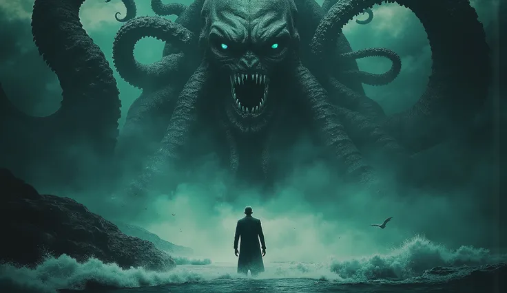 Cthulhu rising from dark waters, darkness and fog background, high detail, masterpiece.