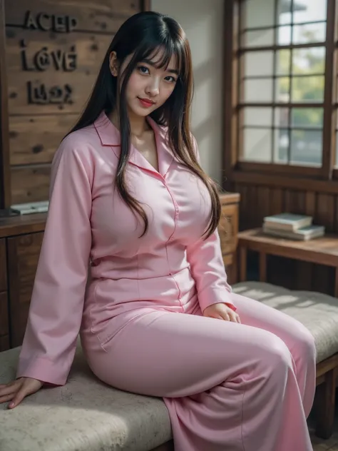 A beautiful Japanese woman with long straight black hair and bangs, wearing long pink pajamas, is sitting gracefully on a sofa inside a traditional Japanese house. The walls of the house are made of wood, with the inscription 'ACEP LOVE LUCY' elegantly scu...