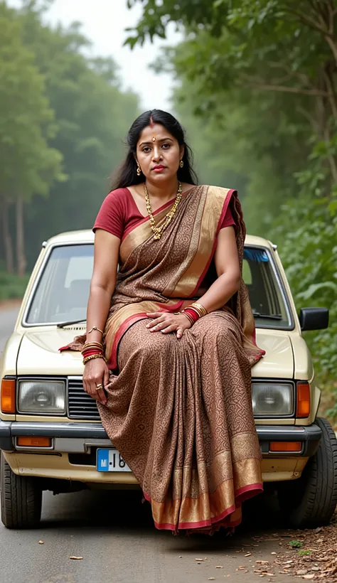 Slaveless saree big arms and side pose A confident, traditionally dressed a Giant Big Tall and Indian woman wearing a brown printed saree with a maroon blouse sits calmly on the bonnet of an old beige car. She is adorned with red bangles, gold rings, and t...