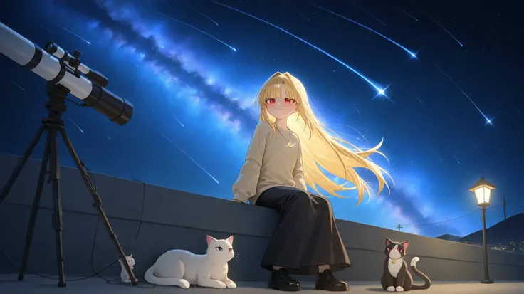 relaxed personality and white cat,absurderes, Super Detailed, bright color ,(In 8K:1.3),masterpiece,very beautiful and detailed face and eyes, Age 25, auroras、City Light、 constellation、crescent,Intergalactic,Street lamp, Particles of Light, long sleeve, M...