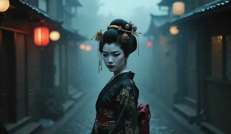 Asian Geisha girl, beautiful face, perfect body, Japanese village, dark, nighttime, foggy, dark alley background, sexy, seductive, high detail, masterpiece.