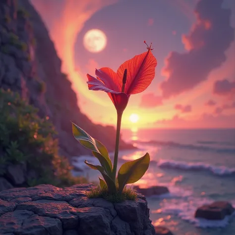 "A single Gorgeous Canna Lily growing at the edge of a glowing cliff in a dreamlike world. The petals are translucent and radiant, transitioning from crimson to gold in soft color gradients. The sky behind is surreal — a swirling dusk with violet and coral...